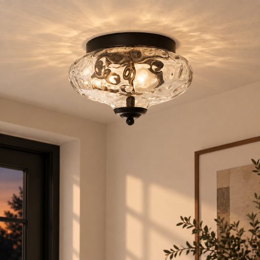 Moderne plafondlamp in boerderijstijl met directe montage, 2 lichtpunten en gehamerd waterglas