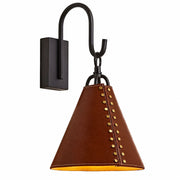 Black wall sconce with red leather cone shade and gold rivets