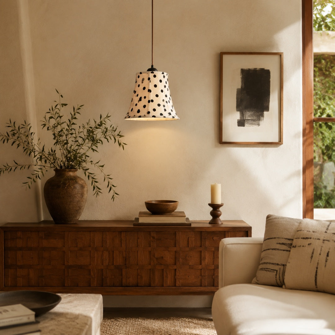 Black and White Polka Dot Wood and Fabric Pendant Lamp
