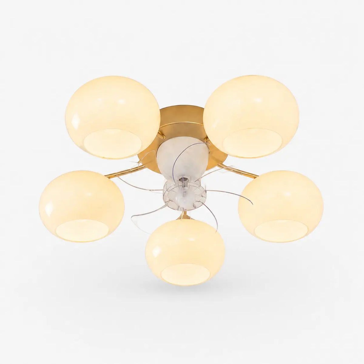 5-light modern gold ceiling fan light with white glass shades