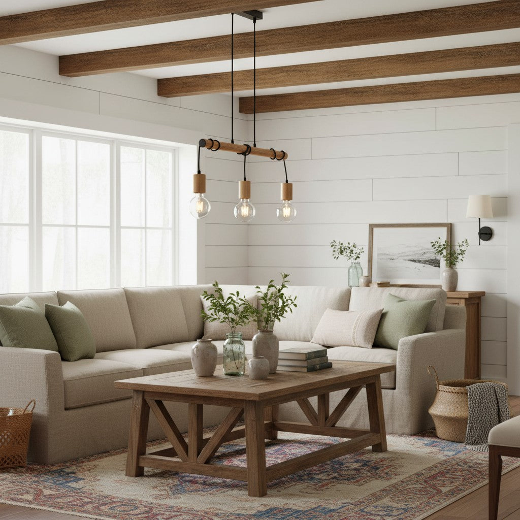 Virell Verstelbare Lineaire Plafondlamp – 3-Lamps Houten en Metalen Ontwerp voor Keukeneiland of Kantoor