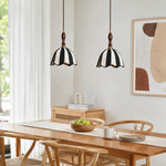 Cargar imagen en el visor de la Galería, Pair of striped fabric pendant lamps above a wood dining table