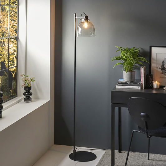 Lámpara de Pie Industrial Readium - Cabezal de Vidrio Ajustable Base Metálica para Sala y Dormitorio