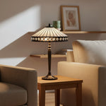 Afbeelding laden in galerijweergave, TF Fargo geometrische Tiffany-stijl lamp — amberkleurig en crèmekleurig glas accentverlichting voor slaapkamer of studeerkamer