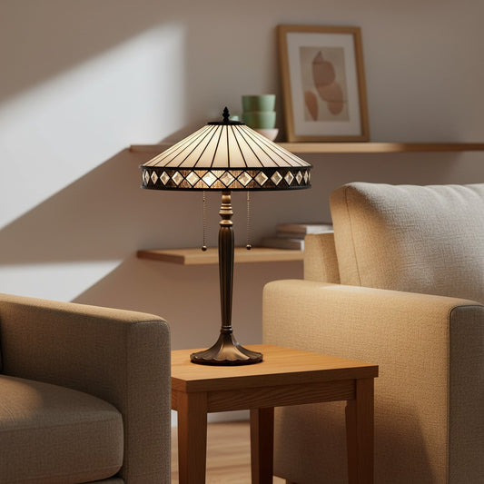 Lámpara TF Fargo Geométrica Estilo Tiffany — Iluminación de Acento en Vidrio Ámbar y Crema para Dormitorio o Estudio