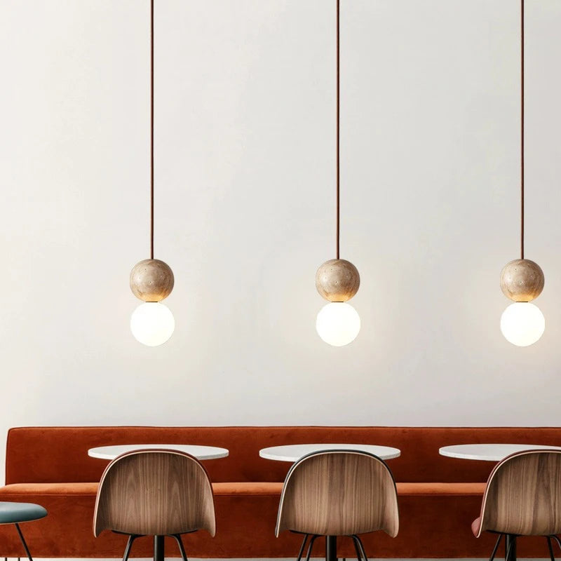 Lampada a Sospensione LED Retro Minimalista in Pietra di Travertino Crema