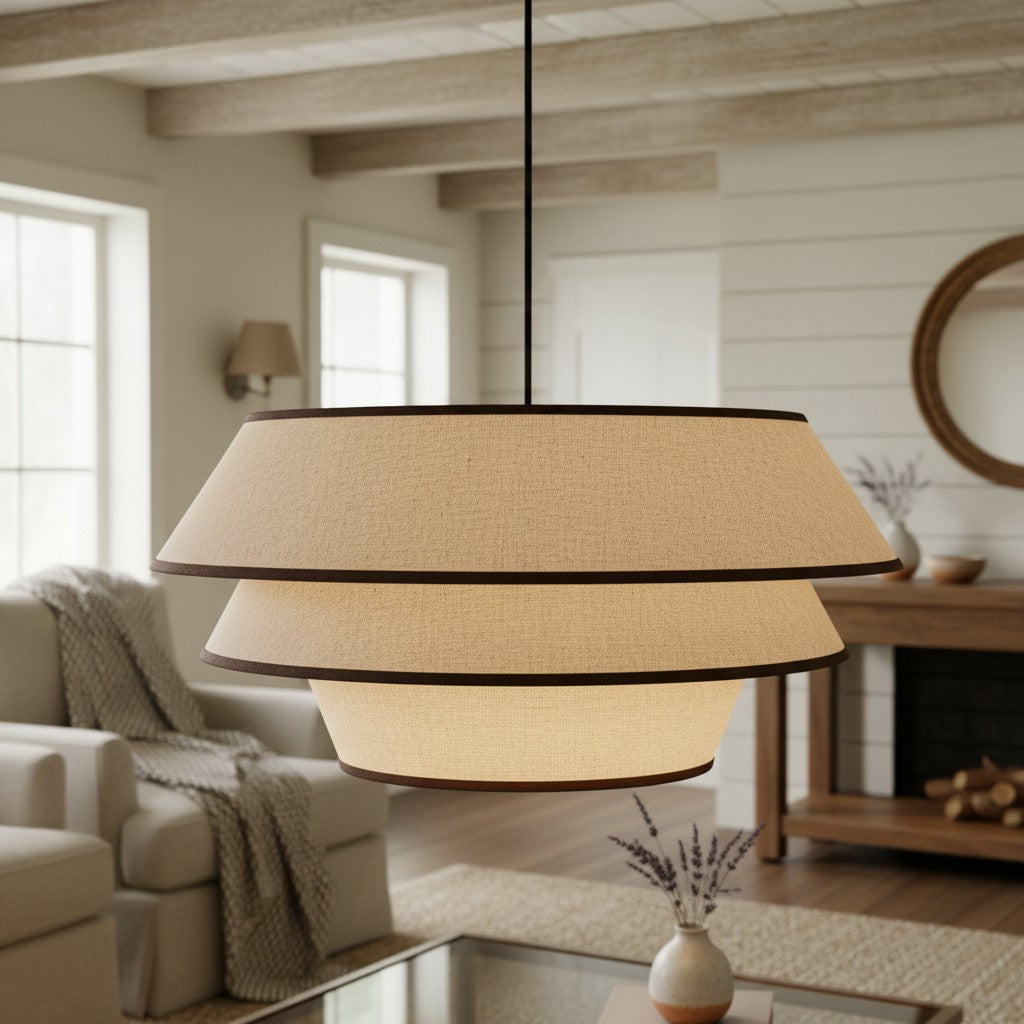 Lampada a sospensione Tarivon con struttura in acciaio e paralume in tessuto – Lampada moderna da soffitto per sale da pranzo