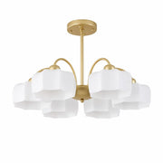 Gold and white 6-light chandelier on a white background