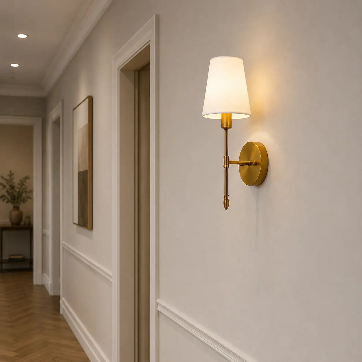 Vintage brass wall light installed in a European-style interior