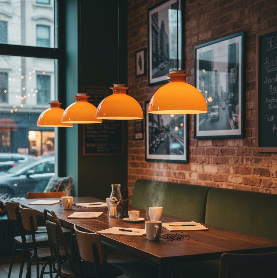 Glebe Glossy Glass Dome Pendant Lamp – Industrial Orange Hanging Light for Kitchen and Dining Room