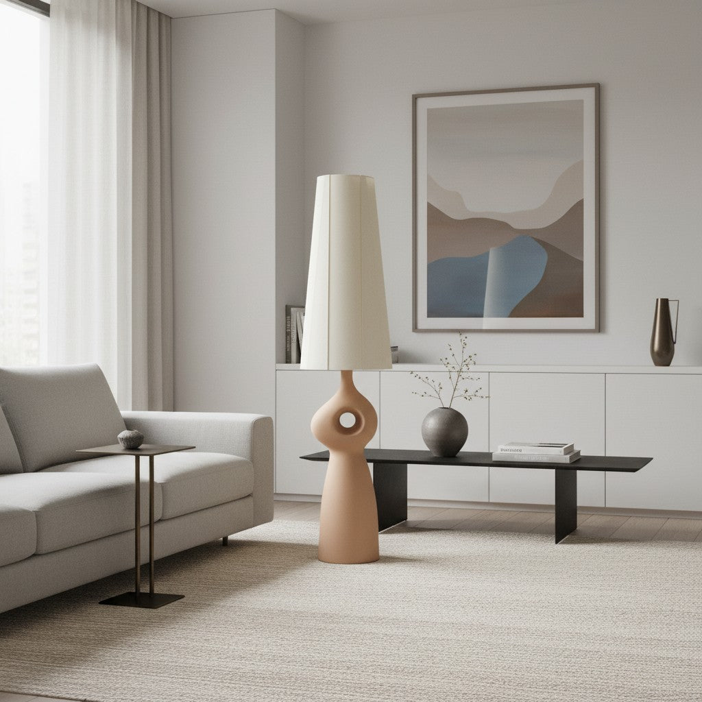 Pryssa sculpturale keramische vloerlamp - ivoorkleurige linnen kap voor woonkameraccent