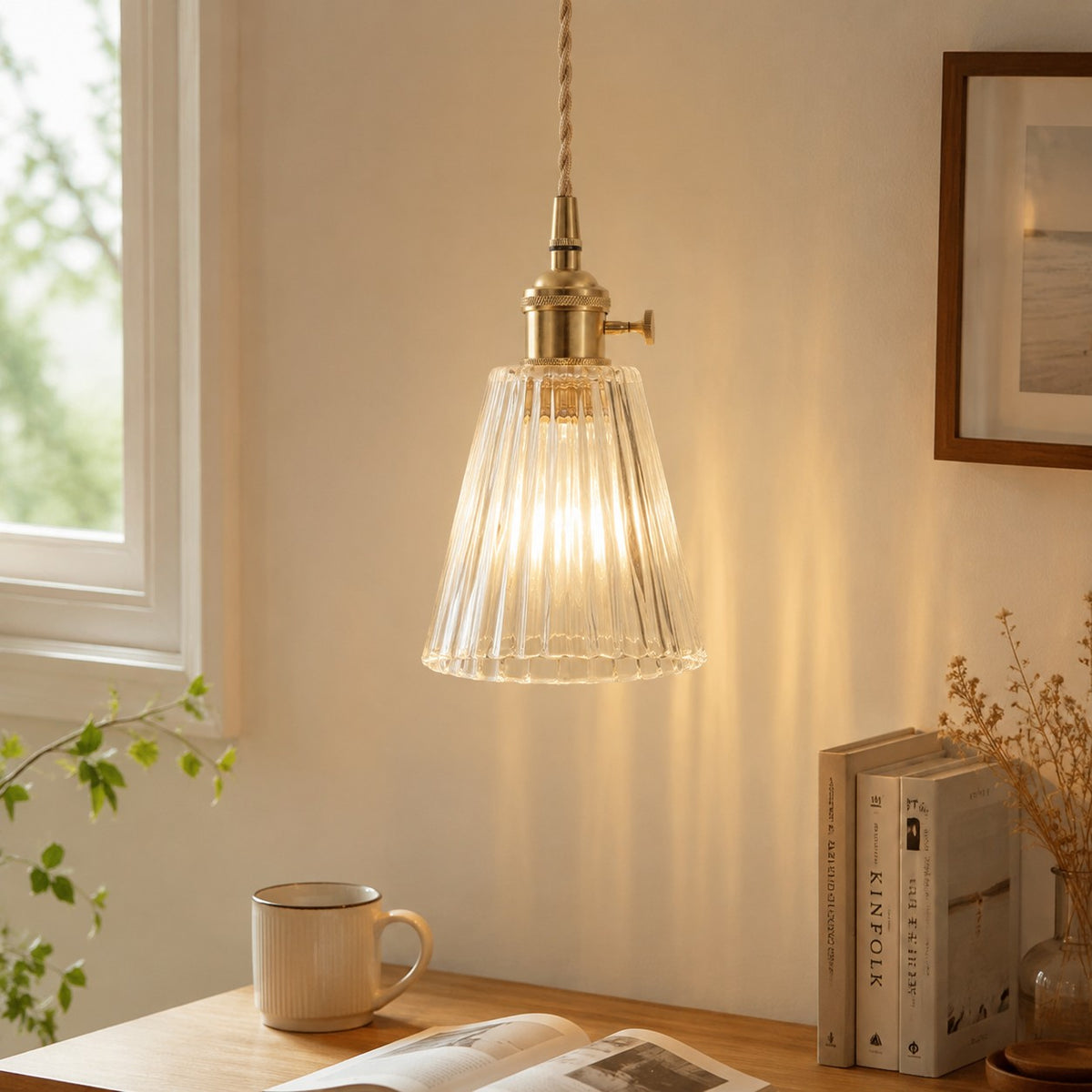 Style K tapered fluted glass pendant over a compact workspace
