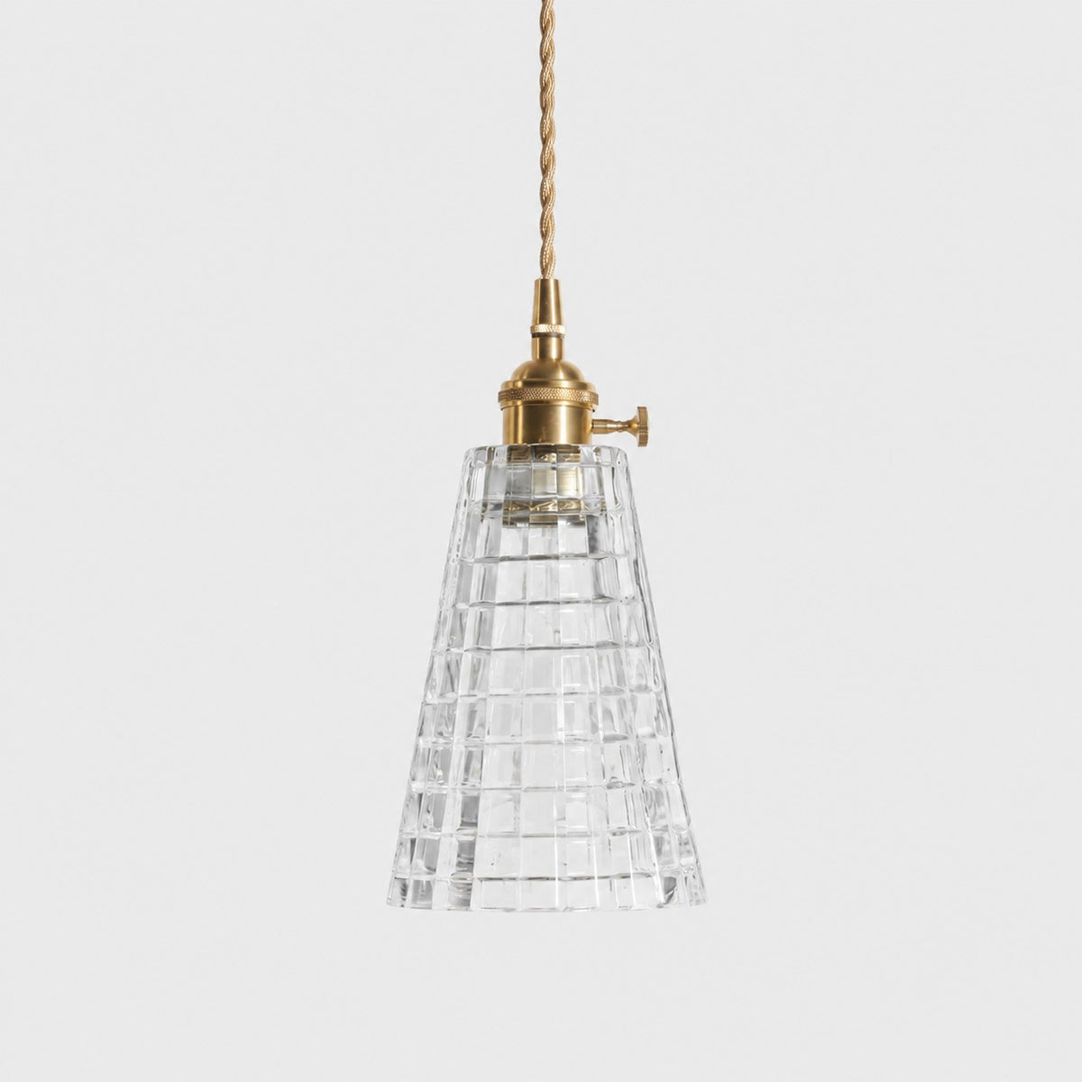 Style F textured glass shade with antique brass E27 socket, front view