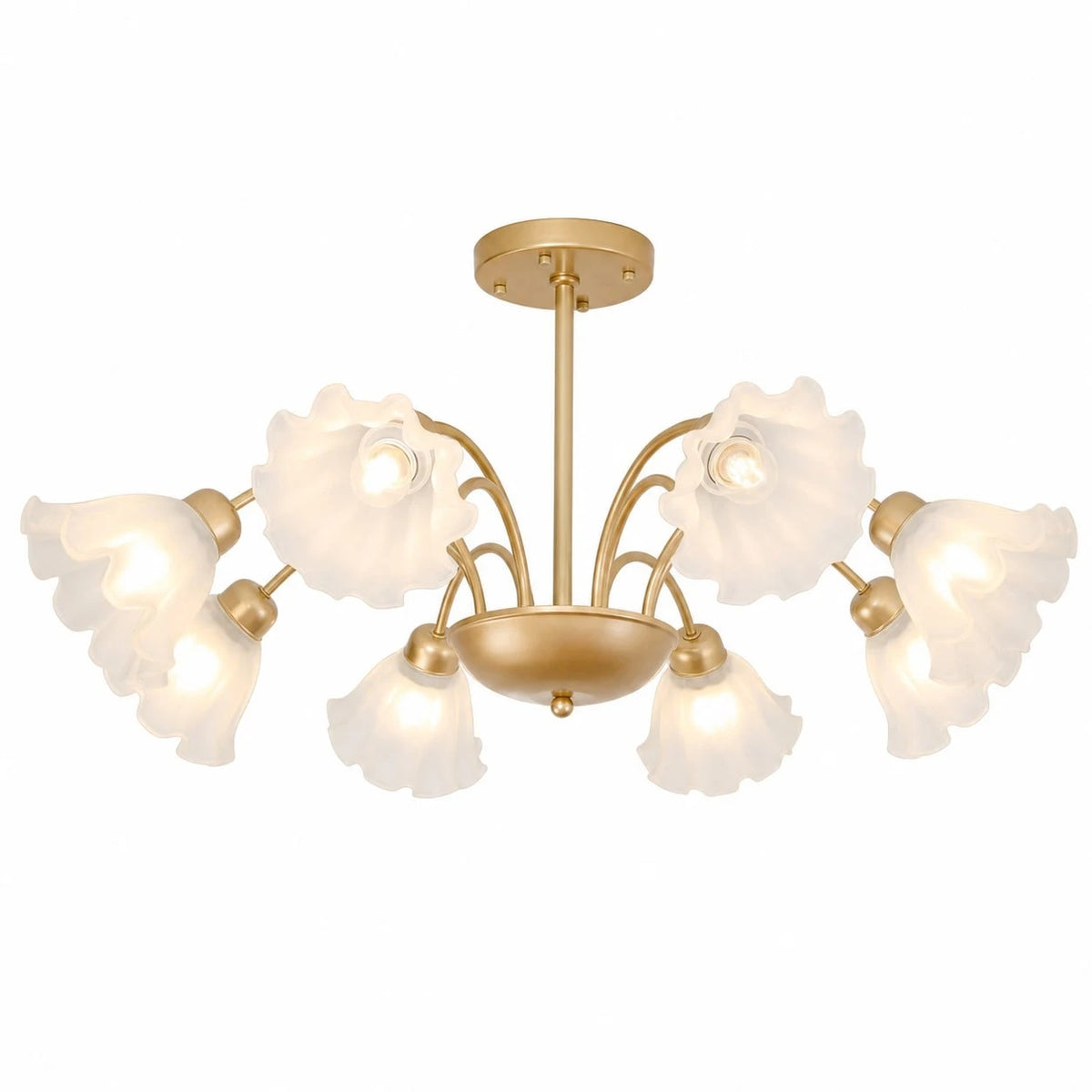Gold-finished iron eight-arm floral glass chandelier on a white background