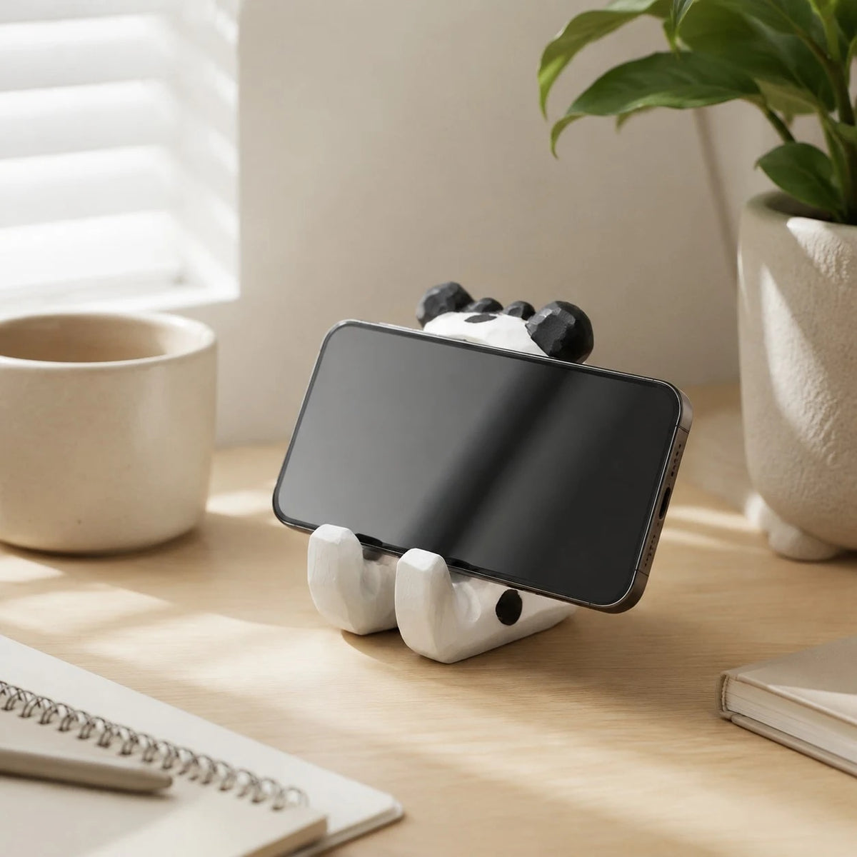 Wooden animal phone stand scene view