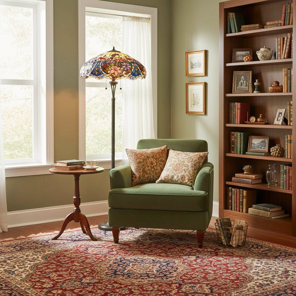 TF Sullivan Tiffany Vloerlamp - Bloemmotief Gebrandschilderd Glas Ontwerp voor Studie of Woonkamer