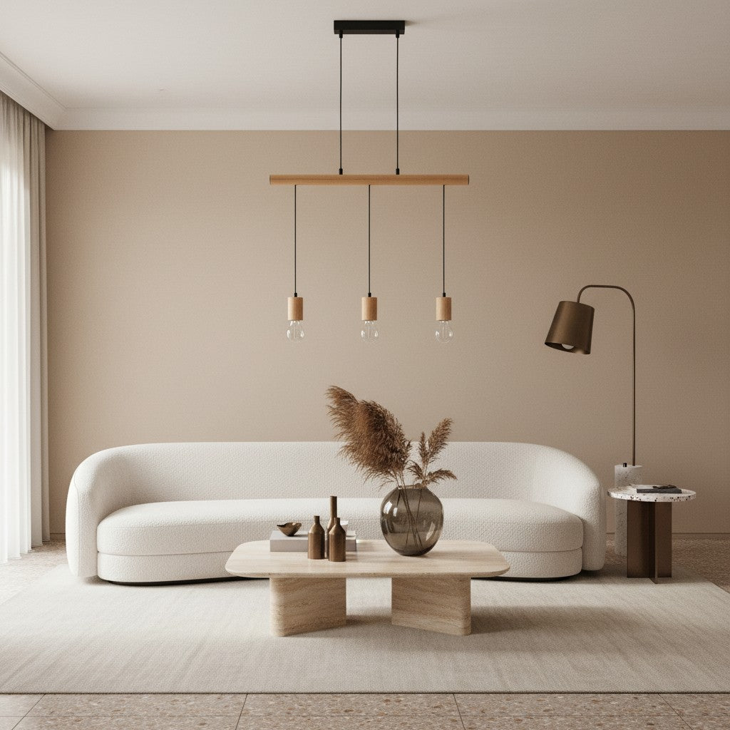 Virell Verstelbare Lineaire Plafondlamp – 3-Lamps Houten en Metalen Ontwerp voor Keukeneiland of Kantoor