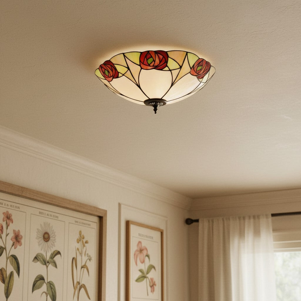 Lampe de plafond en vitrail artisanale TF Ingram – Lumière Tiffany vintage Art déco pour salle à manger