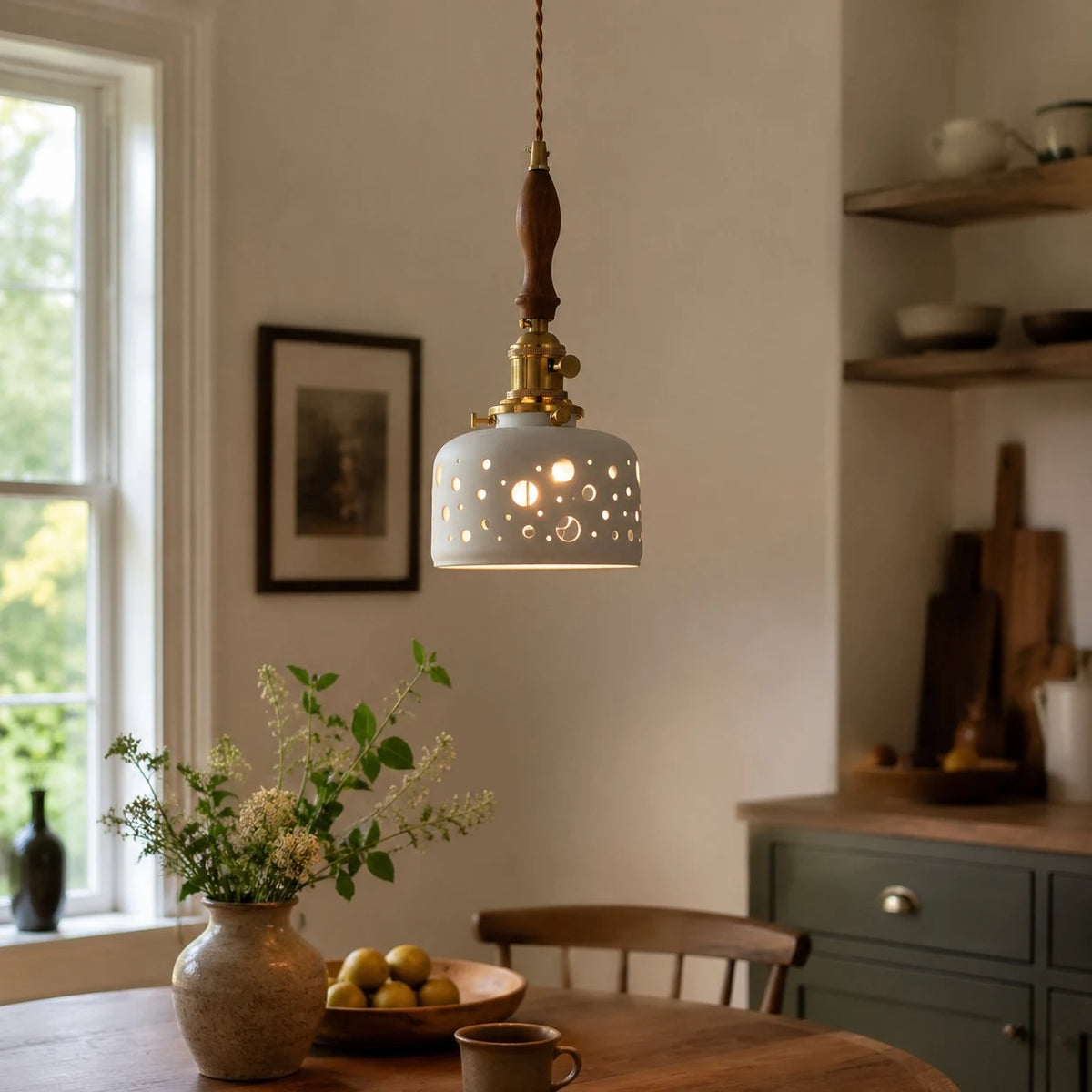 Wood accent dot ceramic pendant light in a kitchen scene