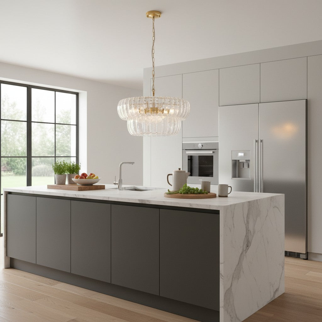 Solara 6-flammige gestufte Pendelleuchte – kaskadierende gebogene Glas- und Metallrahmen für Esszimmer & Eingangsbereich