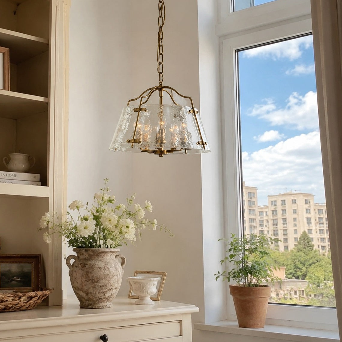 Brass Textured Glass Chandelier