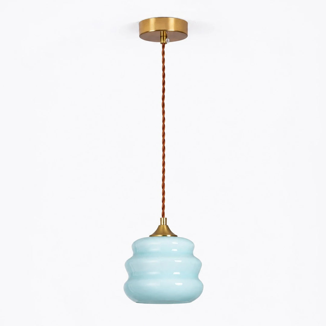 Blue ribbed glass pendant light full view