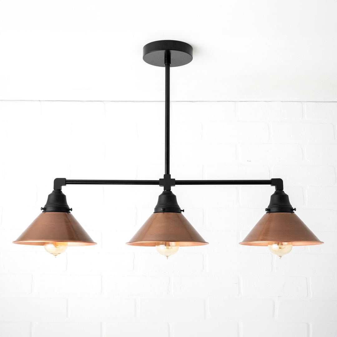Conique Metal Hand-Aged Copper Chandelier - 3 Light Industrial Pendant - Island Lighting