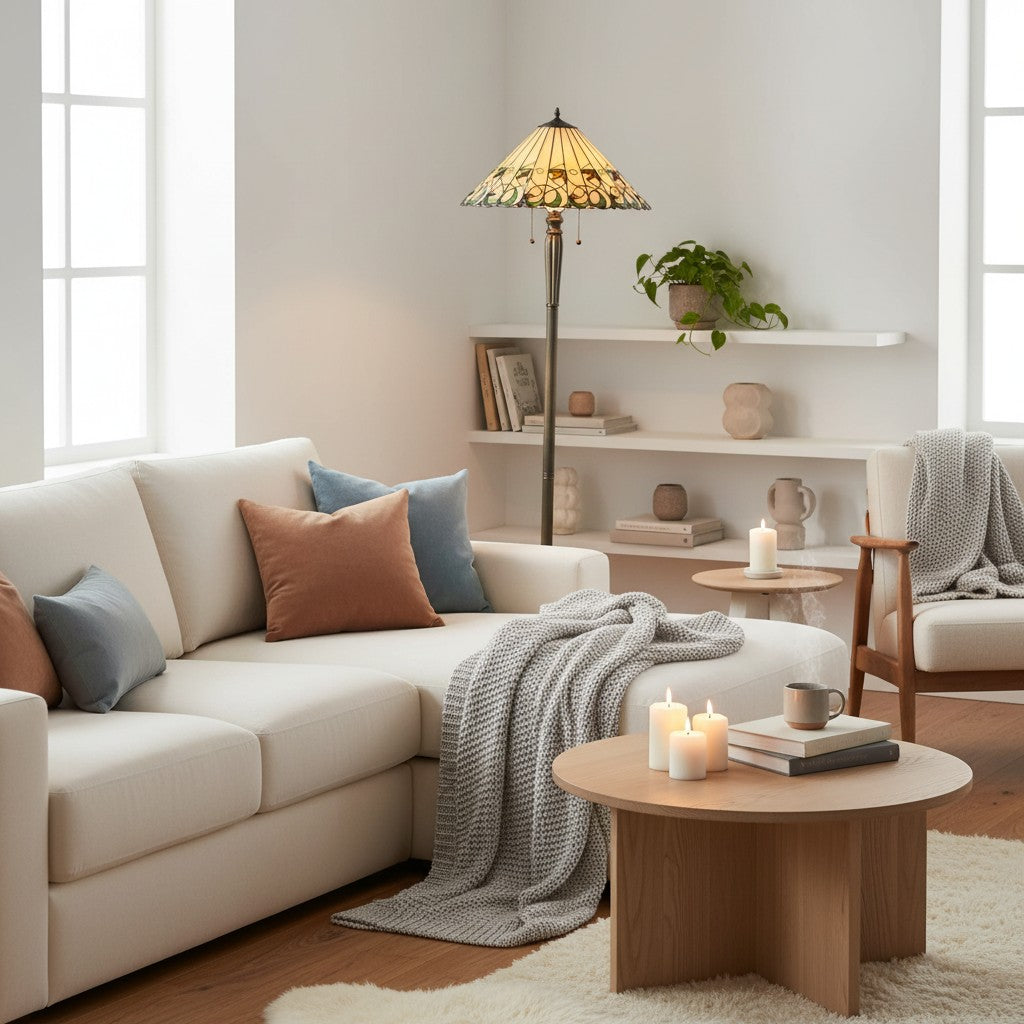 TF Jamelia Vloerlamp met Glas-in-Lood - Mozaïeklampenkap in Edelsteenkleuren Decoratieve Vloerlamp Metalen Kolomafwerking Ideaal voor Leeshoek