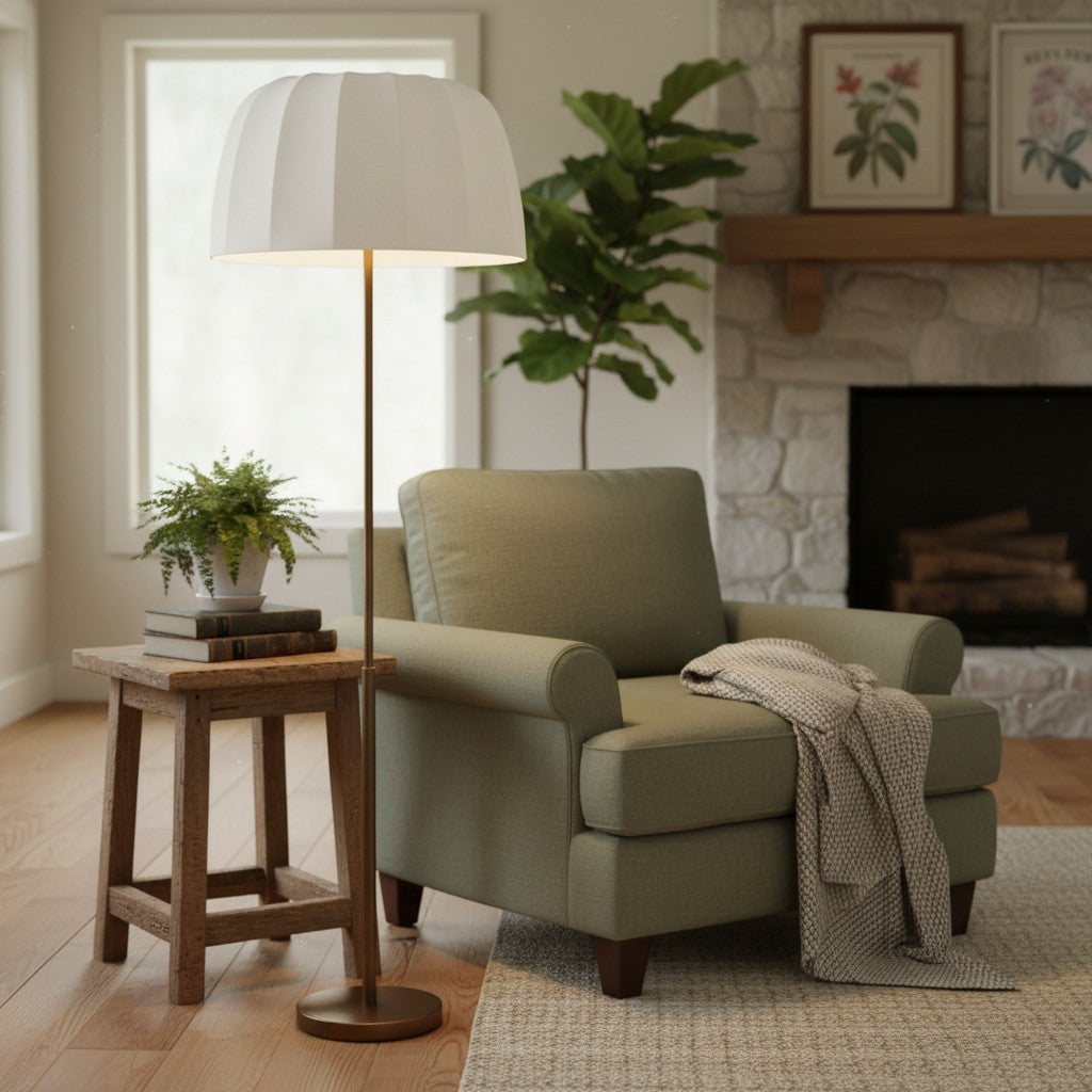 Vellaro mosiężna lampa podłogowa z abażurem z tkaniny – nowoczesne oświetlenie stojące do salonu lub sypialni