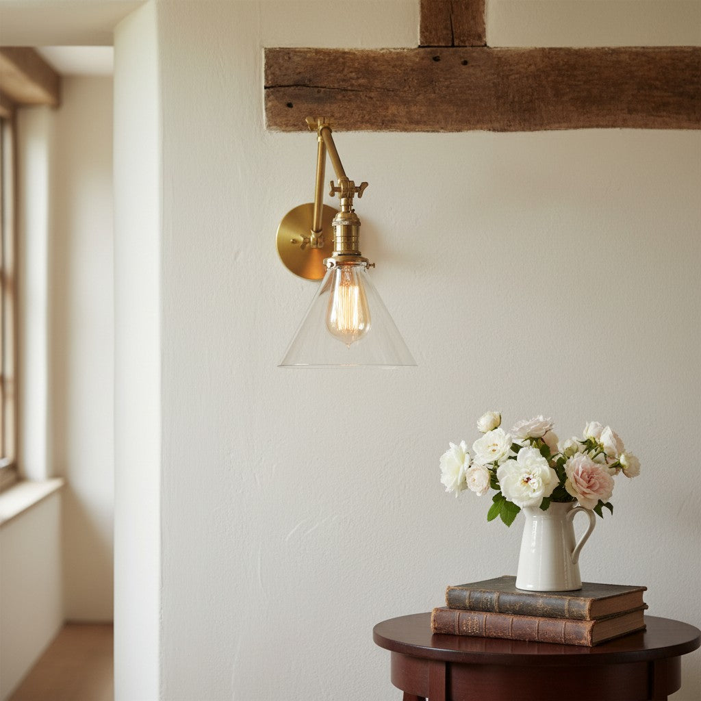 Conique Metal Industrial Wall Sconce with Adjustable Arm - Vintage Glass Cone Shade