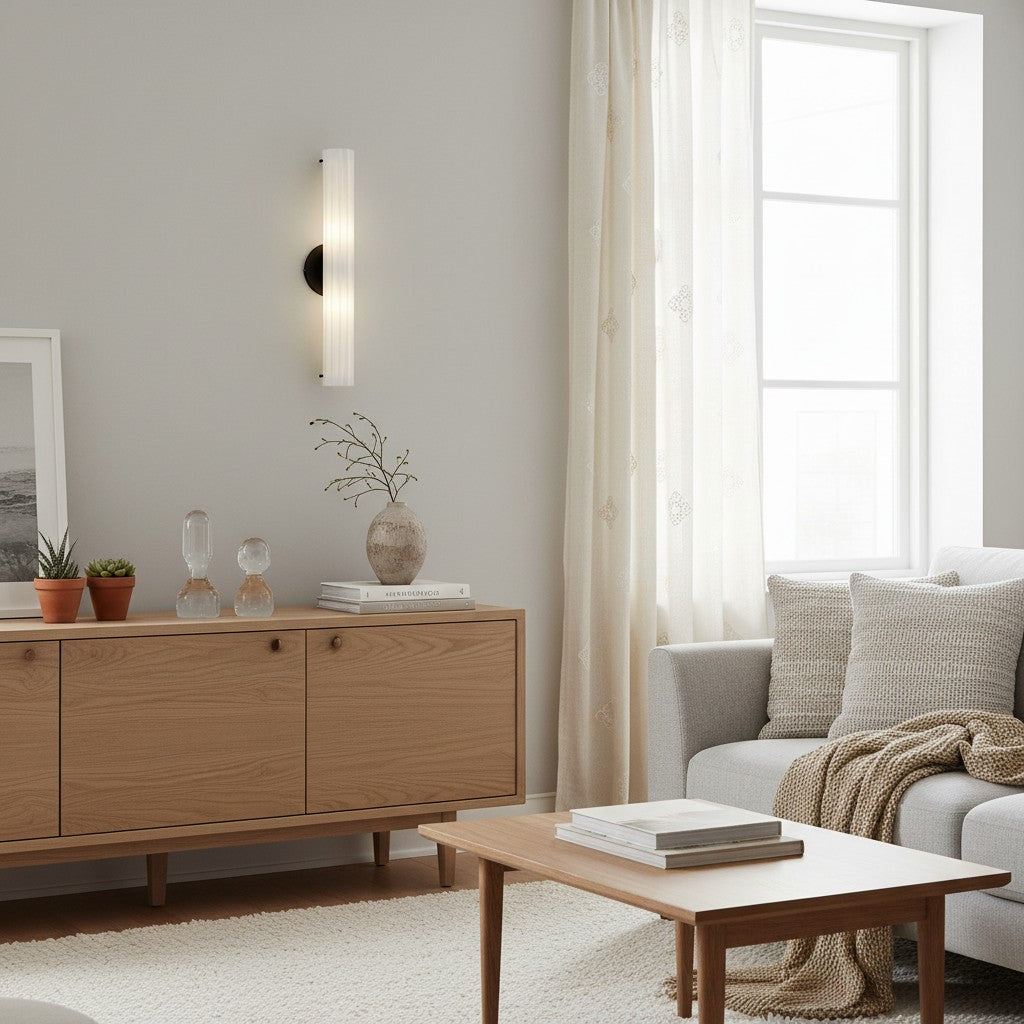 Trenia stalen wandlamp met melkglas kap - verticaal geribbeld ontwerp