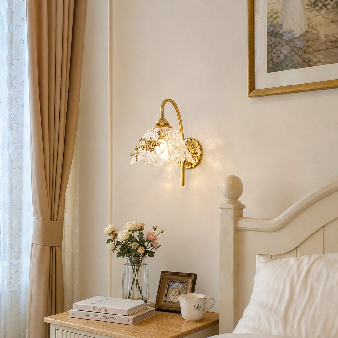 French floral wall sconce in a warm bedroom