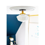 Load image into Gallery viewer, Geotower Glass Brass Ceiling Light - Opal Glass Schoolhouse Shade - Modern Elegance
