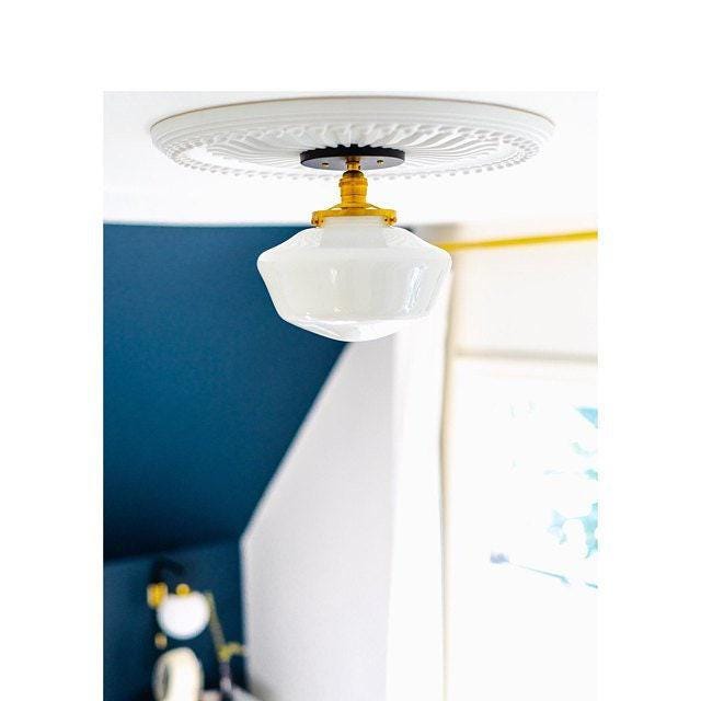 Geotower Glass Brass Ceiling Light - Opal Glass Schoolhouse Shade - Modern Elegance