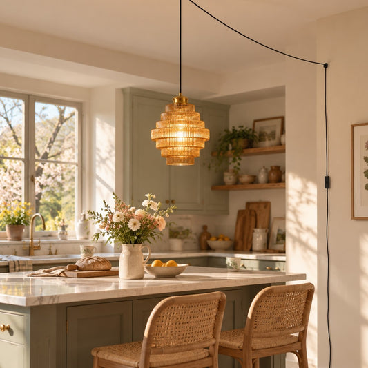Glazen hanglamp met reliëf en stekker