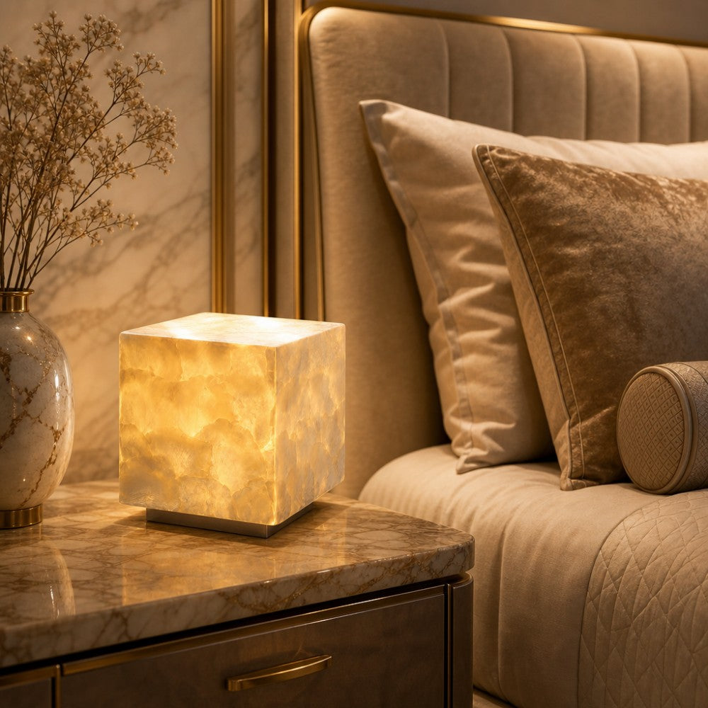 Beamira Mica and Shell Table Lamp - Modern Square Shade Accent Light for Bedroom
