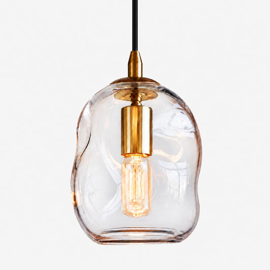 Handgeblasene Pendelleuchte mit transparenter Glaskugel und Messing-Finish