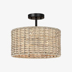 Afbeelding laden in galerijweergave, Lannister Coastal 2-licht semi-opbouw plafondlamp met handgeweven trommelkap voor slaapkamer