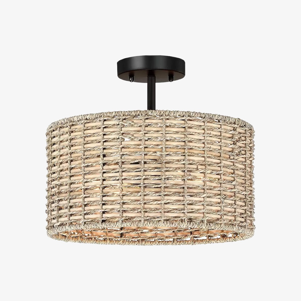 Lannister Coastal 2-licht semi-opbouw plafondlamp met handgeweven trommelkap voor slaapkamer